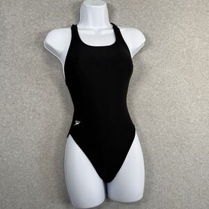 VTG Speedo Black One Piece Swimsuit Racerback Cutout Back High Cut Leg Sz Small